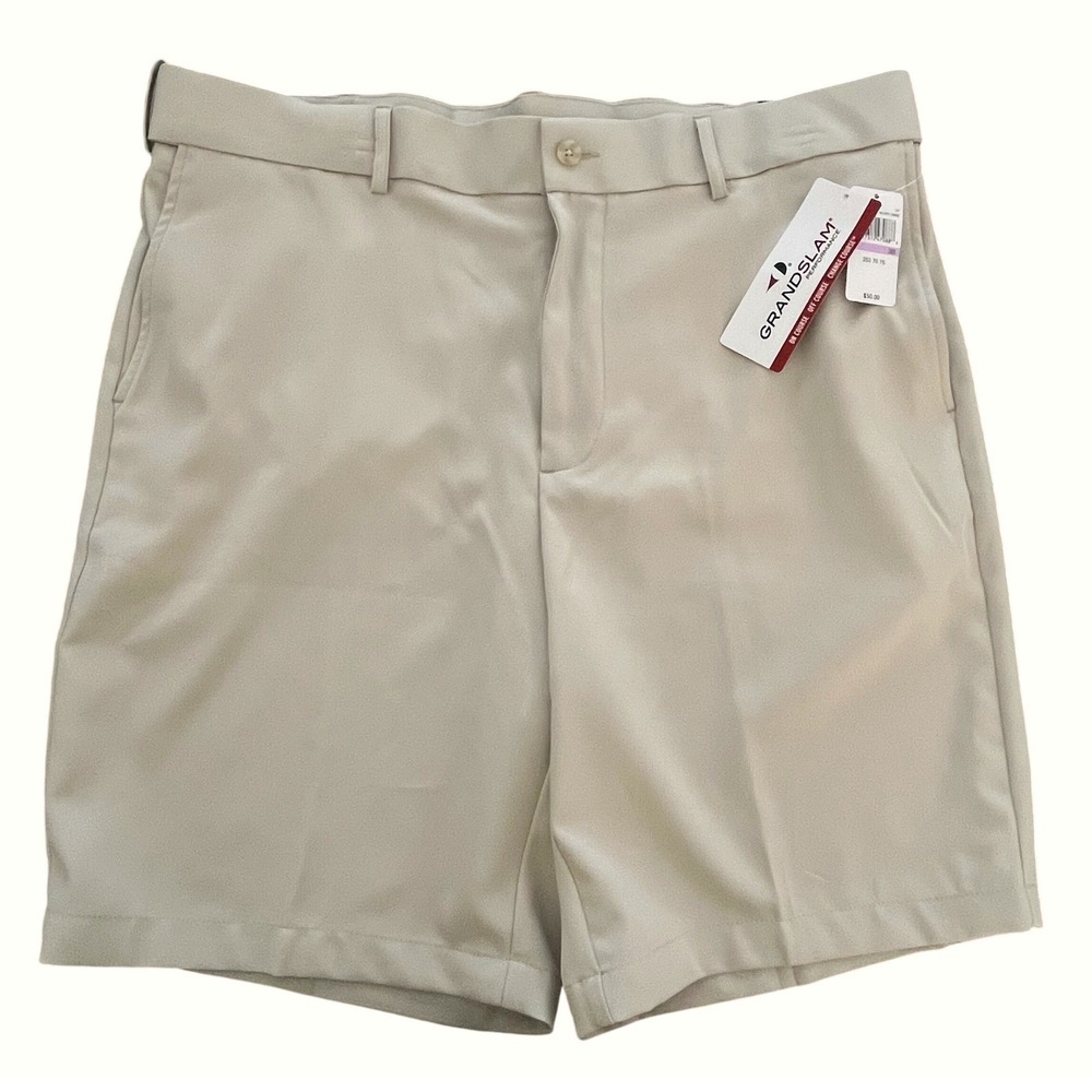 New Grand Slam Mens Performance Golf Shorts 38 Beige Expandable Waist Stretch